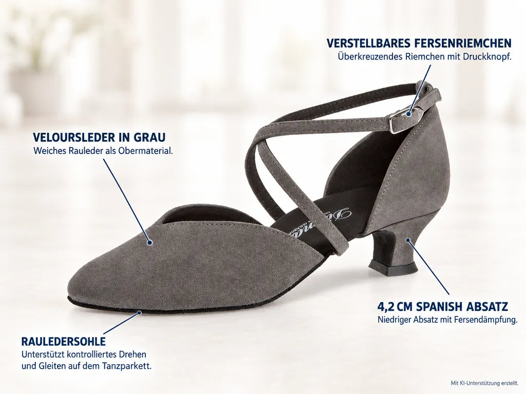 Diamant Damen Tanzschuhe 107-013-009 – Produktinfografik, mit KI-Unterstützung erstellt.
