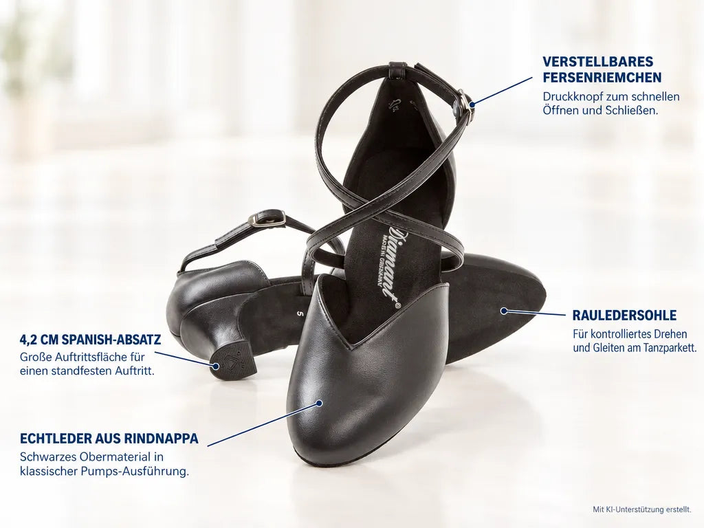 Diamant Damen Tanzschuhe 107-013-034 – Produktinfografik, mit KI-Unterstützung erstellt.