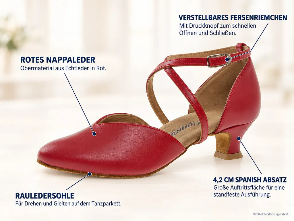 Diamant Damen Tanzschuhe 107-013-037 – Produktinfografik, mit KI-Unterstützung erstellt.