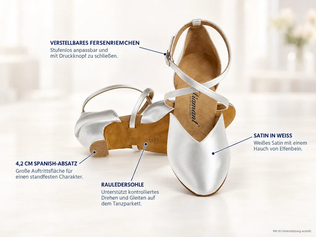 Diamant Damen Tanzschuhe 107-013-092 – Produktinfografik, mit KI-Unterstützung erstellt.