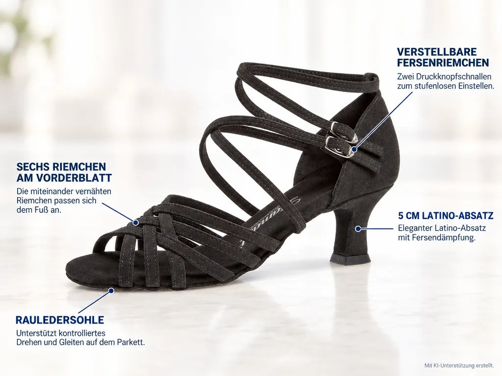 Diamant Damen Tanzschuhe 108-036-335 – Produktinfografik, mit KI-Unterstützung erstellt.