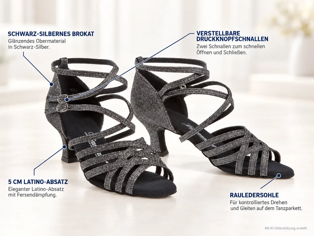 Diamant Damen Tanzschuhe 108-036-519 – Produktinfografik, mit KI-Unterstützung erstellt.