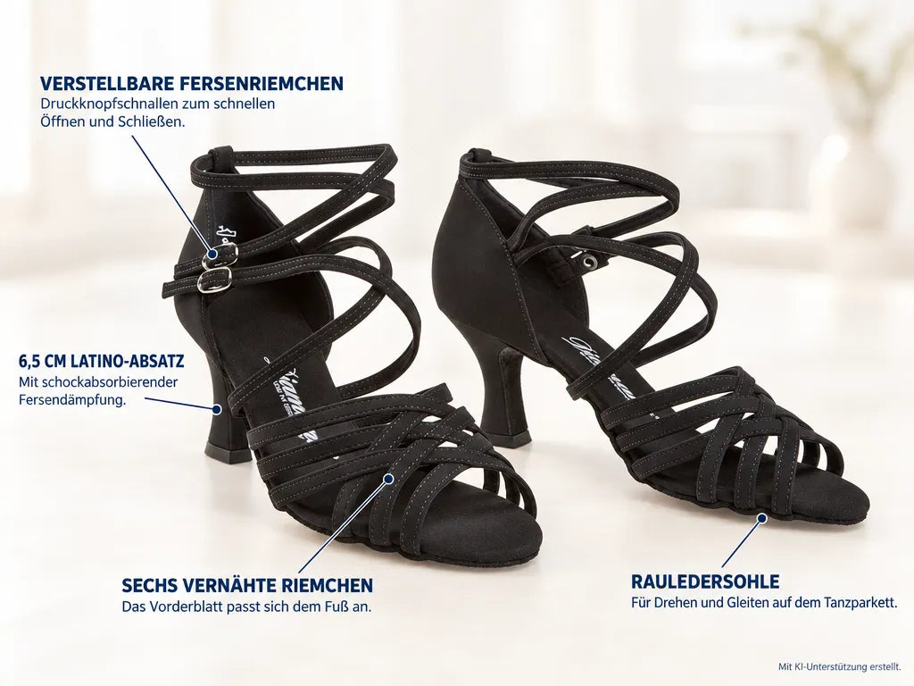 Diamant Damen Tanzschuhe 108-060-040 – Produktinfografik, mit KI-Unterstützung erstellt.