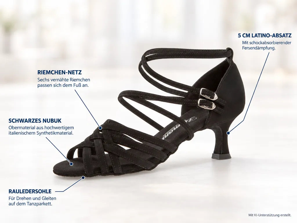 Diamant Damen Tanzschuhe 108-064-040 – Produktinfografik, mit KI-Unterstützung erstellt.