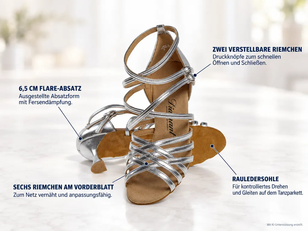 Diamant Damen Tanzschuhe 108-087-013 – Produktinfografik, mit KI-Unterstützung erstellt.