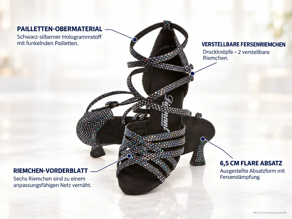 Diamant Damen Tanzschuhe 108-087-183 – Produktinfografik, mit KI-Unterstützung erstellt.