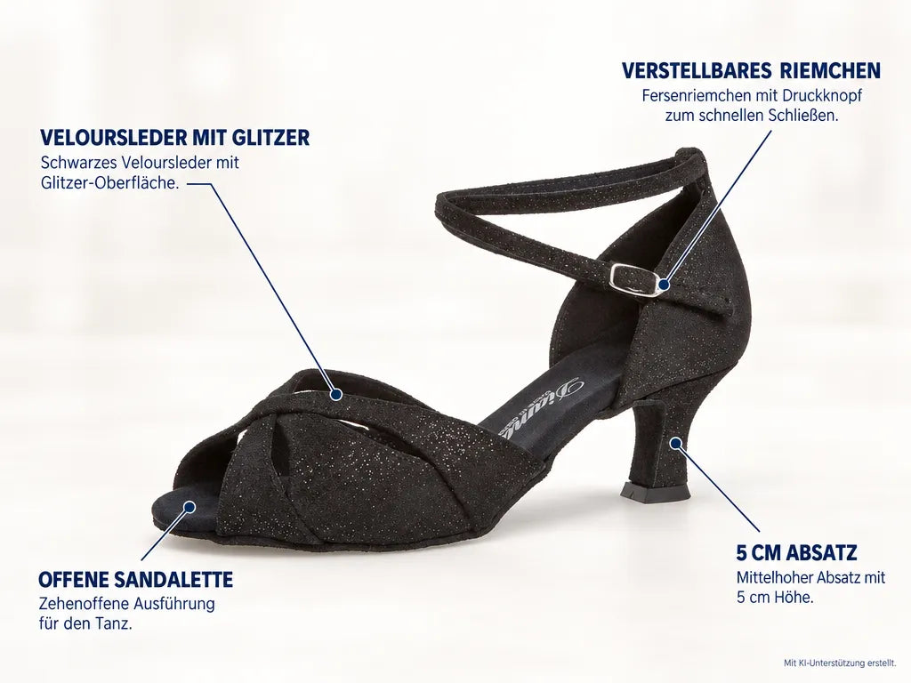 Diamant Damen Tanzschuhe 141-067-550 – Produktinfografik, mit KI-Unterstützung erstellt.
