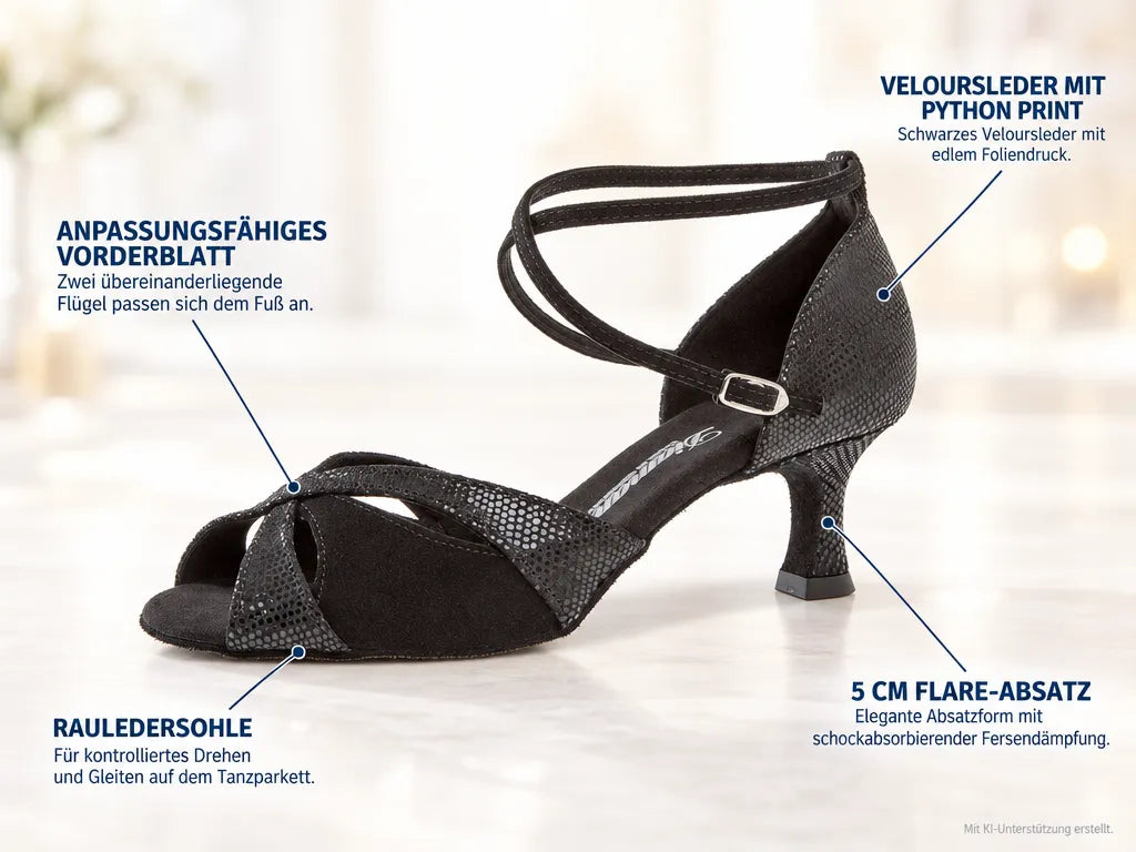 Diamant Damen Tanzschuhe 141-077-084 – Produktinfografik, mit KI-Unterstützung erstellt.
