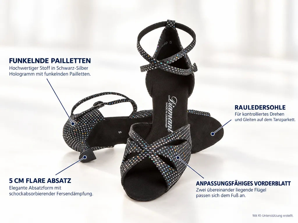 Diamant Damen Tanzschuhe 141-077-183 – Produktinfografik, mit KI-Unterstützung erstellt.