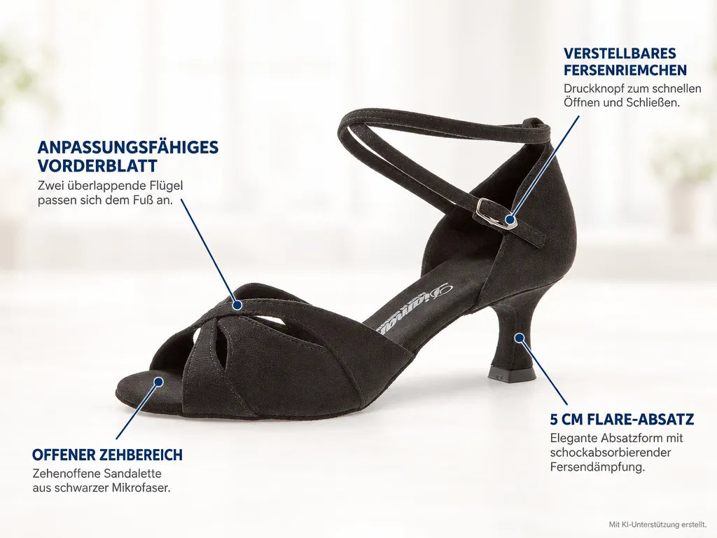 Diamant Damen Tanzschuhe 141-077-335 – Produktinfografik, mit KI-Unterstützung erstellt.
