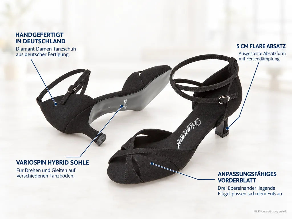 Diamant Damen Tanzschuhe 141-077-335-V – Produktinfografik, mit KI-Unterstützung erstellt.