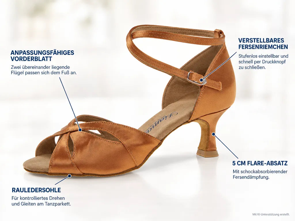 Diamant Damen Tanzschuhe 141-077-379 – Produktinfografik, mit KI-Unterstützung erstellt.