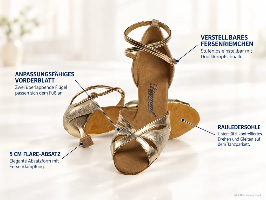 Diamant Damen Tanzschuhe 141-077-464 – Produktinfografik, mit KI-Unterstützung erstellt.