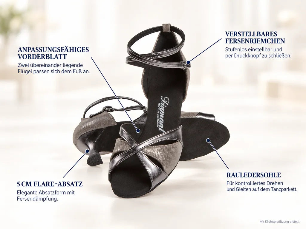 Diamant Damen Tanzschuhe 141-077-466 – Produktinfografik, mit KI-Unterstützung erstellt.
