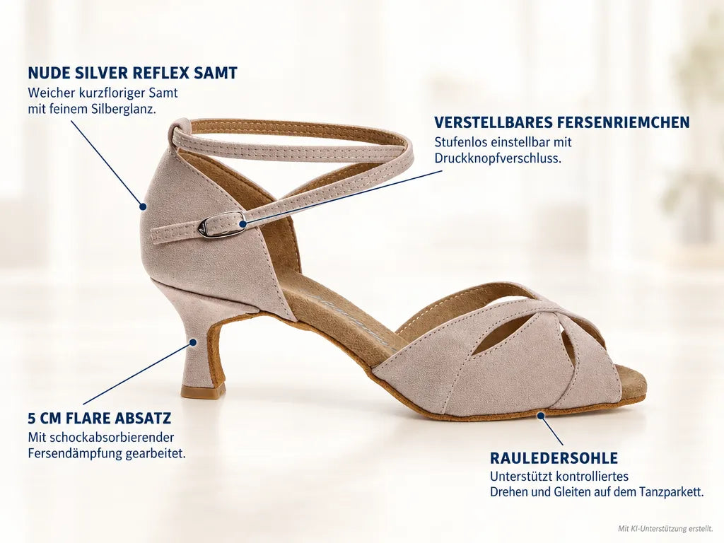 Diamant Damen Tanzschuhe 141-077-525 – Produktinfografik, mit KI-Unterstützung erstellt.