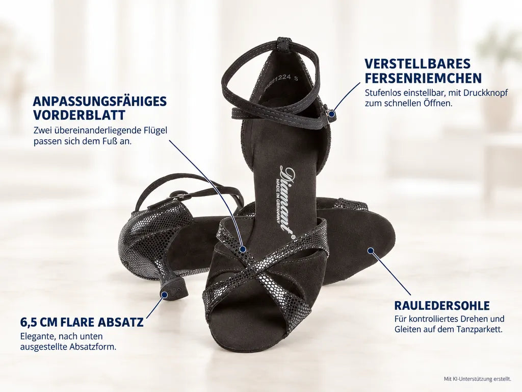 Diamant Damen Tanzschuhe 141-087-084 – Produktinfografik, mit KI-Unterstützung erstellt.