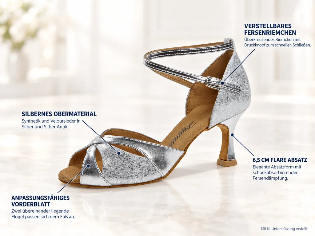 Diamant Damen Tanzschuhe 141-087-463 – Produktinfografik, mit KI-Unterstützung erstellt.