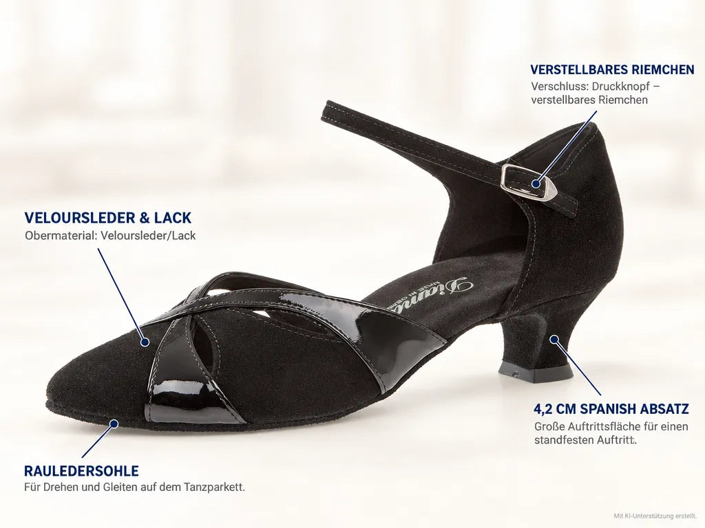Diamant Damen Tanzschuhe 142-014-008 – Produktinfografik, mit KI-Unterstützung erstellt.