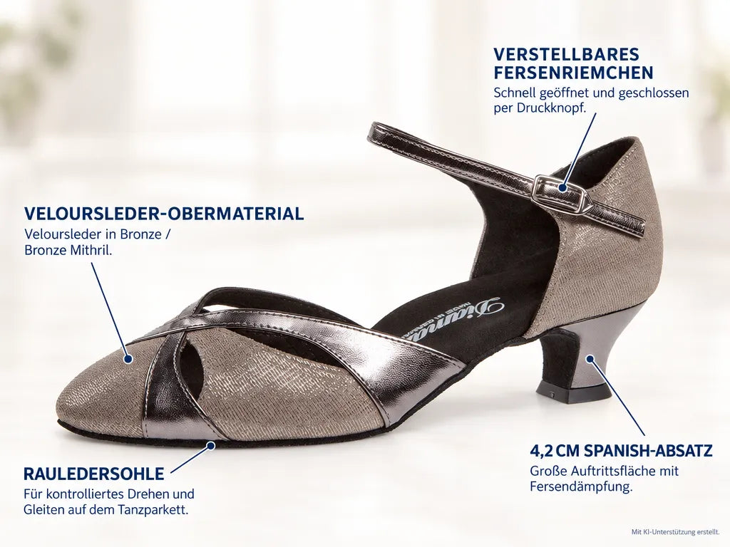 Diamant Damen Tanzschuhe 142-014-466 – Produktinfografik, mit KI-Unterstützung erstellt.