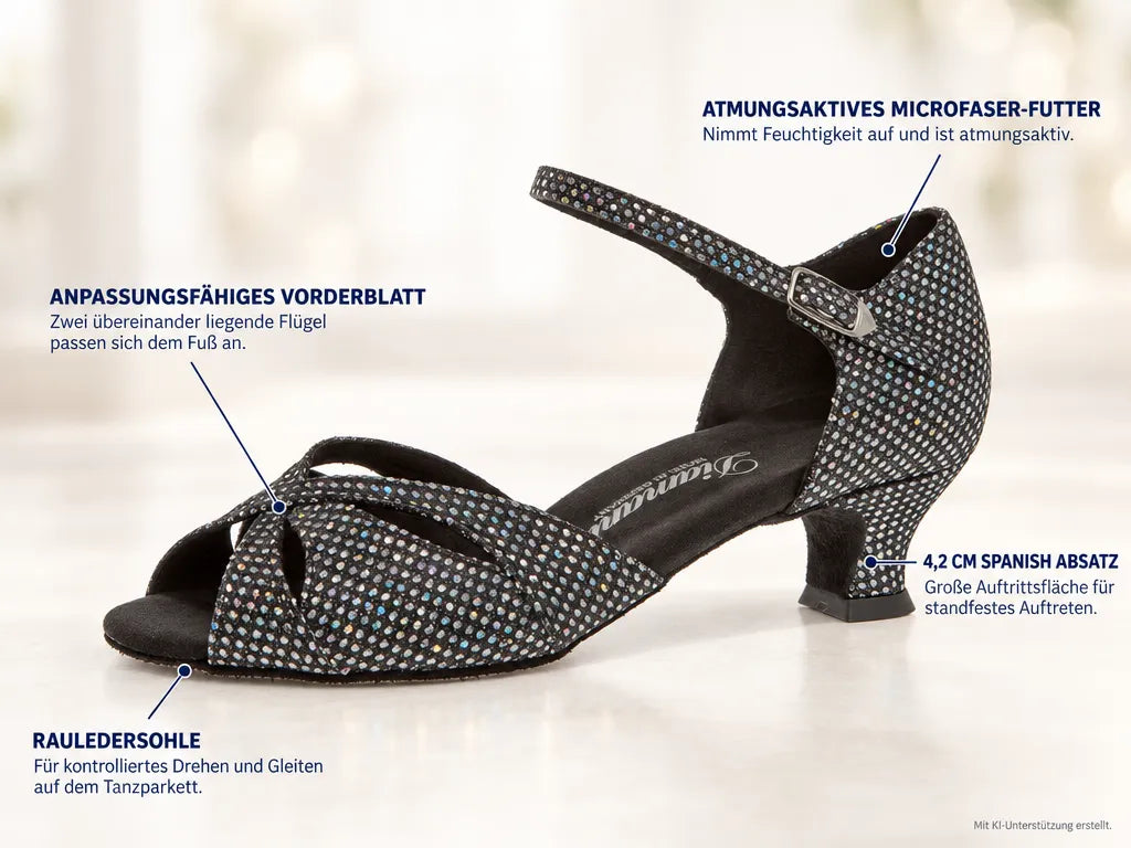 Diamant Damen Tanzschuhe 144-011-183 – Produktinfografik, mit KI-Unterstützung erstellt.