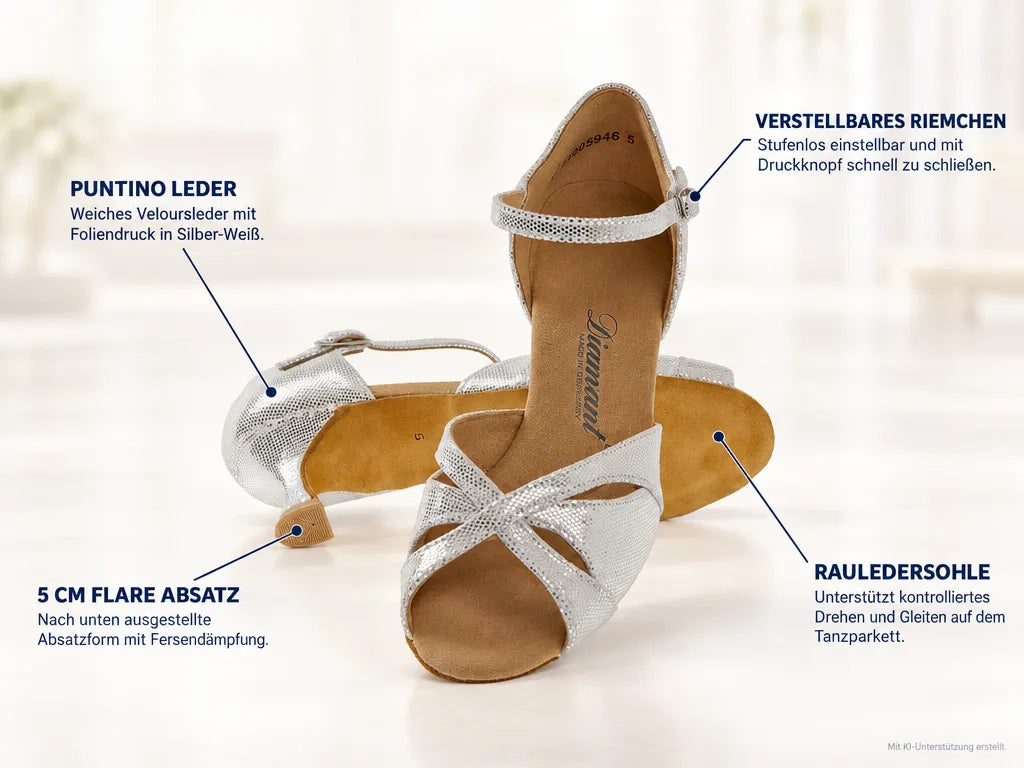 Diamant Damen Tanzschuhe 144-077-246 – Produktinfografik, mit KI-Unterstützung erstellt.
