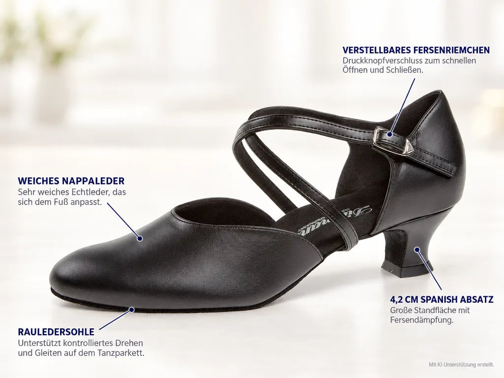 Diamant Damen Tanzschuhe 148-112-034 – Produktinfografik, mit KI-Unterstützung erstellt.