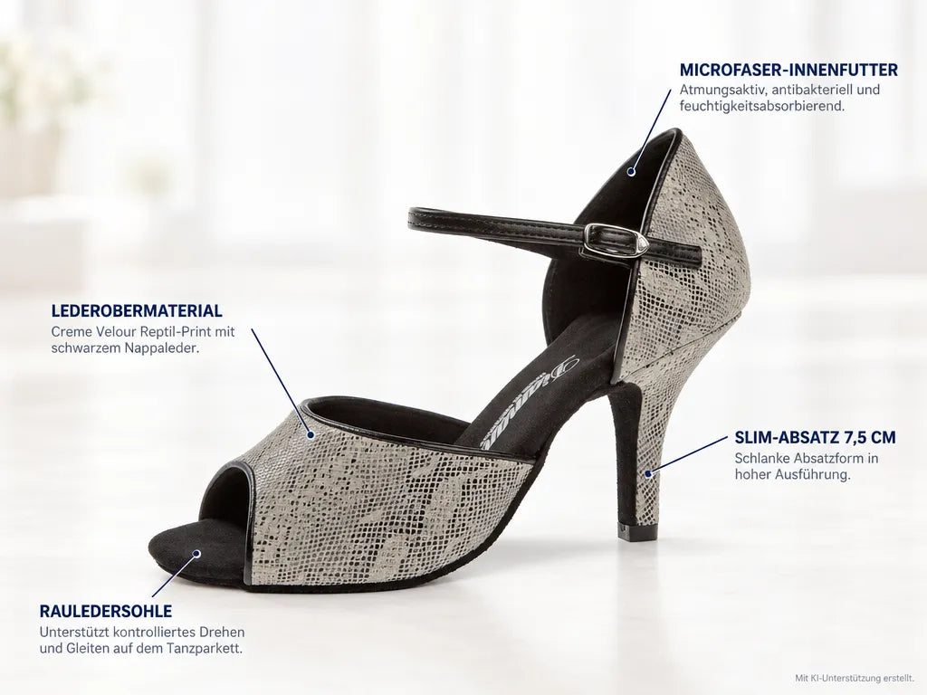 Diamant Damen Tanzschuhe 153-058-418 – Produktinfografik, mit KI-Unterstützung erstellt.