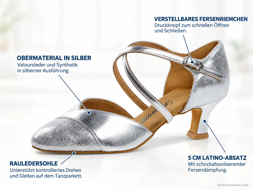 Diamant Damen Tanzschuhe 161-068-505 – Produktinfografik, mit KI-Unterstützung erstellt.