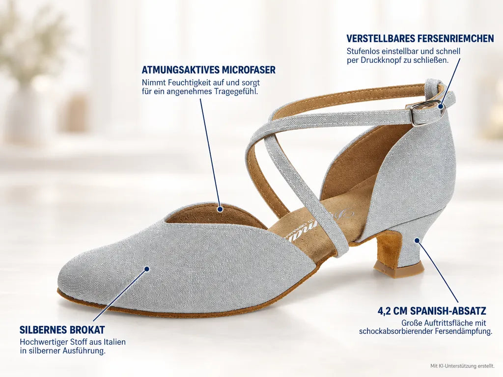 Diamant Damen Tanzschuhe 170-013-002 – Produktinfografik, mit KI-Unterstützung erstellt.