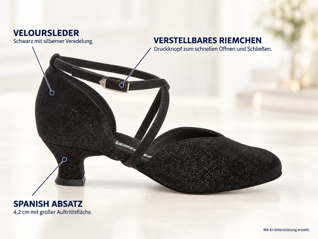 Diamant Damen Tanzschuhe 170-013-550 – Produktinfografik, mit KI-Unterstützung erstellt.