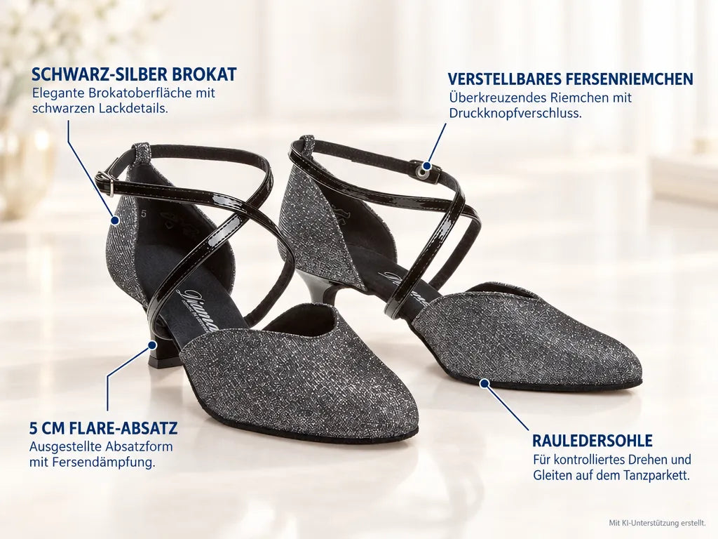 Diamant Damen Tanzschuhe 170-106-520 – Produktinfografik, mit KI-Unterstützung erstellt.