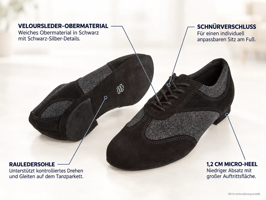 Diamant Damen Tanzschuhe 183-005-547 – Produktinfografik, mit KI-Unterstützung erstellt.