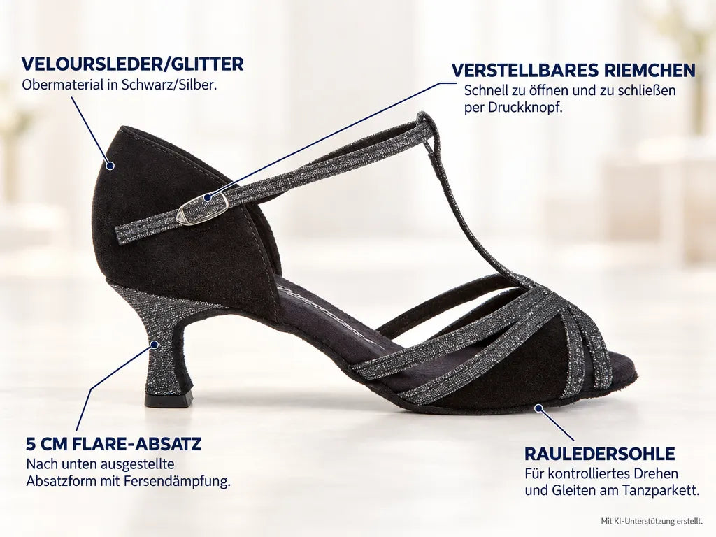 Diamant Damen Tanzschuhe 205-077-645 – Produktinfografik, mit KI-Unterstützung erstellt.
