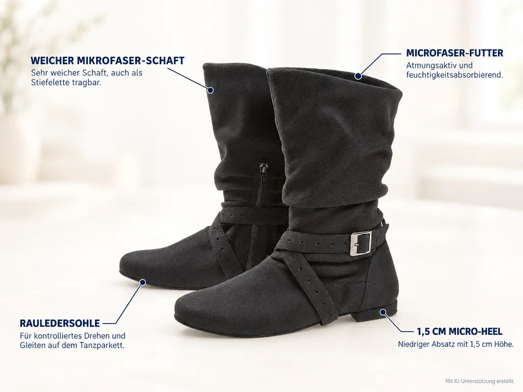 Diamant Damen Tanzstiefel 202-005-615 – Produktinfografik, mit KI-Unterstützung erstellt.