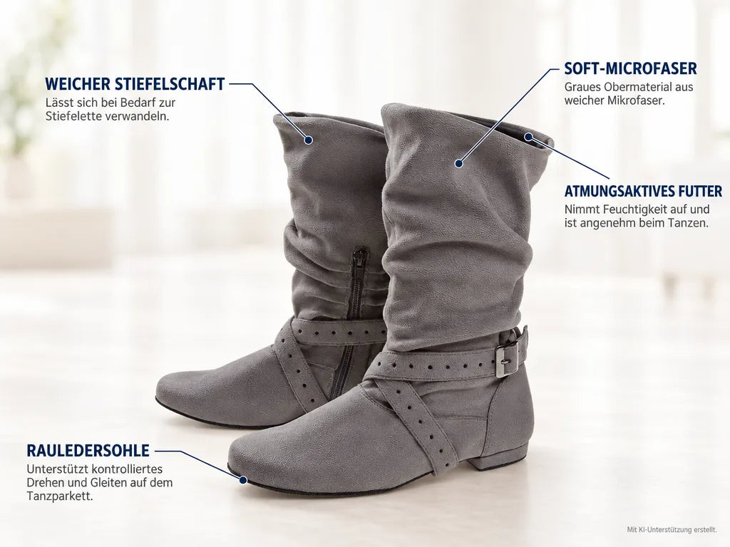 Diamant Damen Tanzstiefel 202-005-620 – Produktinfografik, mit KI-Unterstützung erstellt.