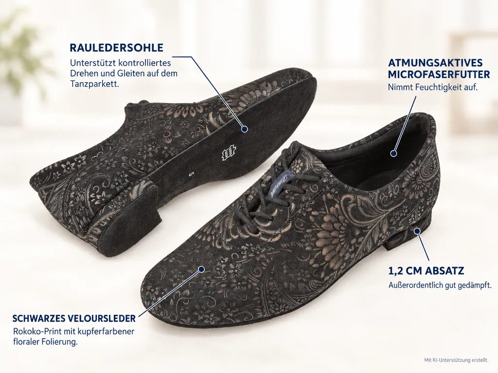Diamant Damen Trainer Tanzschuhe 199-005-623 – Produktinfografik, mit KI-Unterstützung erstellt.