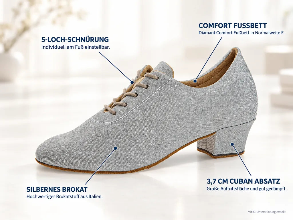 Diamant Damen Trainer Tanzschuhe 199-034-002 – Produktinfografik, mit KI-Unterstützung erstellt.
