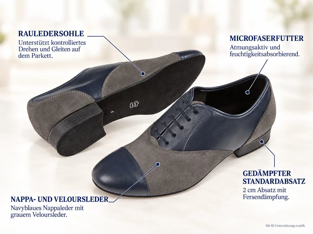 Diamant Herren Tanzschuhe 077-025-455 – Produktinfografik, mit KI-Unterstützung erstellt.