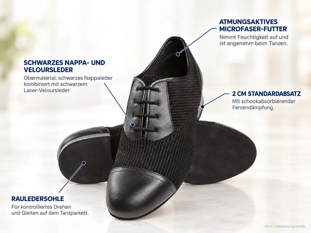 Diamant Herren Tanzschuhe 077-075-165 – Produktinfografik, mit KI-Unterstützung erstellt.