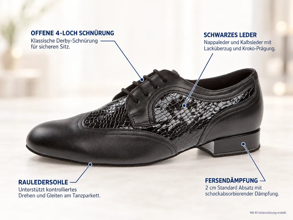 Diamant Herren Tanzschuhe 089-025-149 – Produktinfografik, mit KI-Unterstützung erstellt.