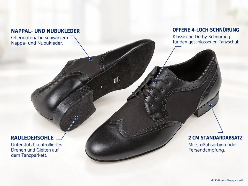 Diamant Herren Tanzschuhe 089-075-145 – Produktinfografik, mit KI-Unterstützung erstellt.