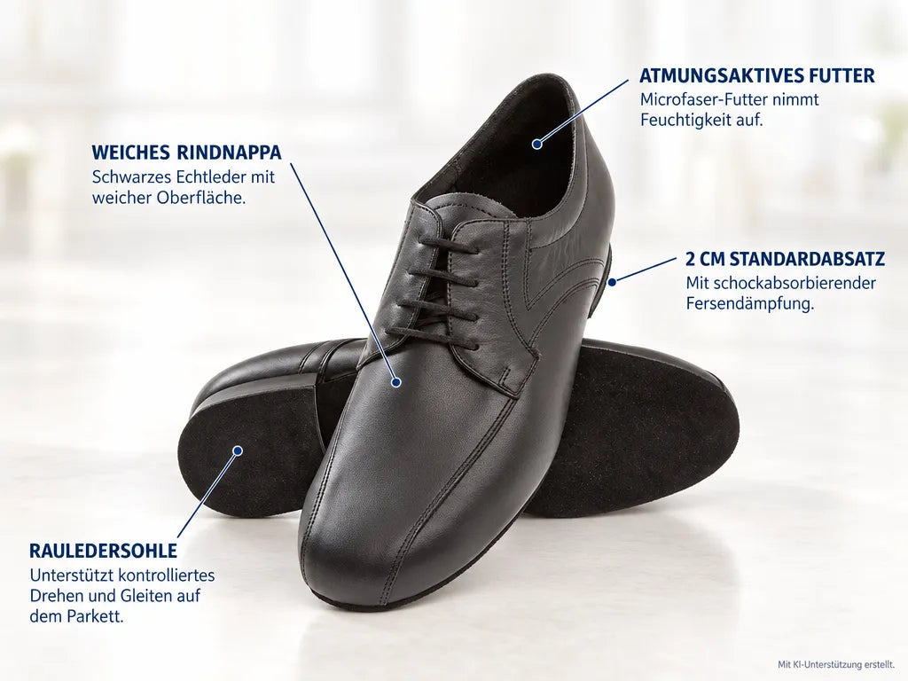 Diamant Herren Tanzschuhe 094-025-028 – Produktinfografik, mit KI-Unterstützung erstellt.