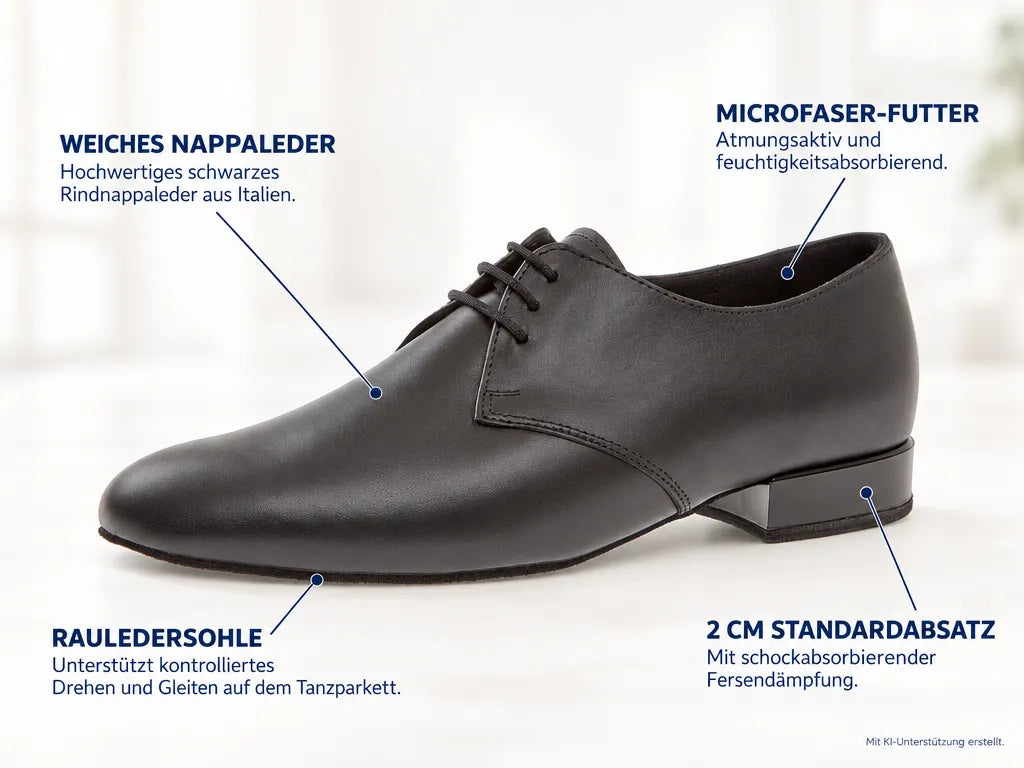 Diamant Herren Tanzschuhe 095-075-028 – Produktinfografik, mit KI-Unterstützung erstellt.