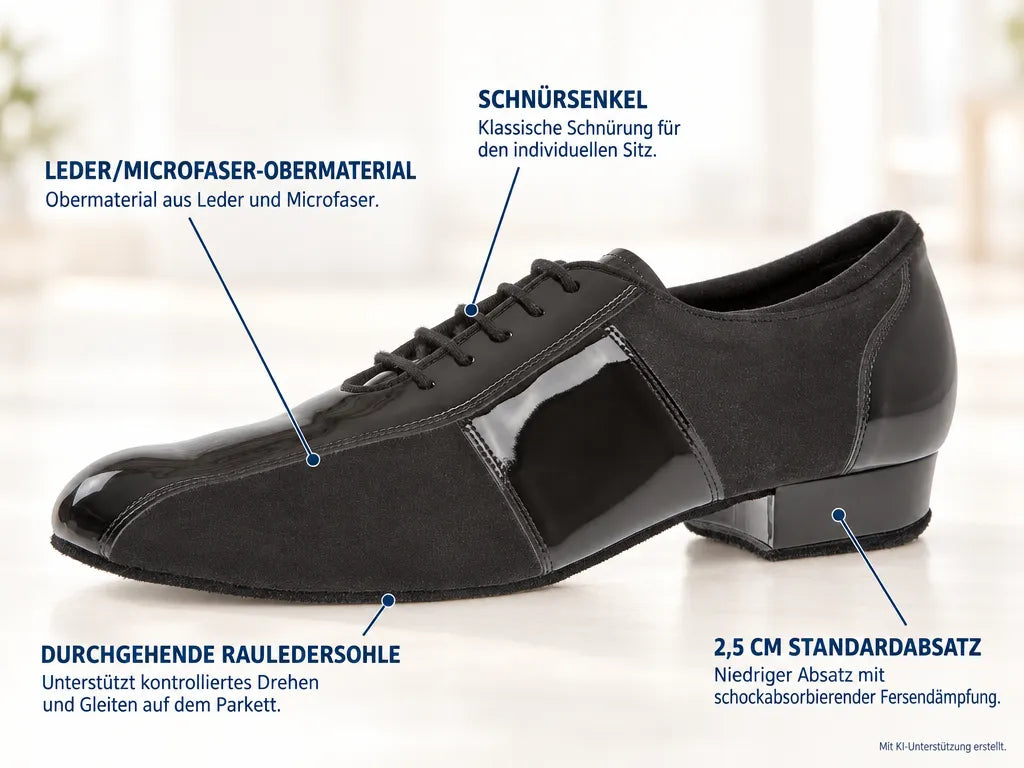 Diamant Herren Tanzschuhe 143-325-381-A – Produktinfografik, mit KI-Unterstützung erstellt.