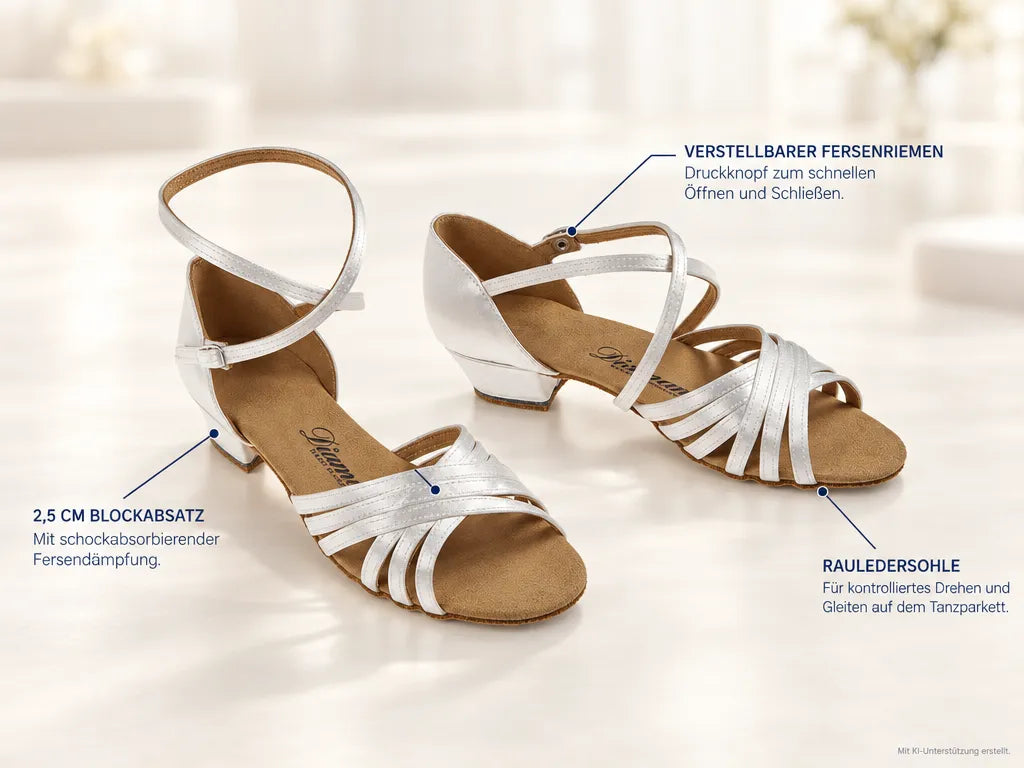 Diamant Mädchen Tanzschuhe 196-030-092 – Produktinfografik, mit KI-Unterstützung erstellt.