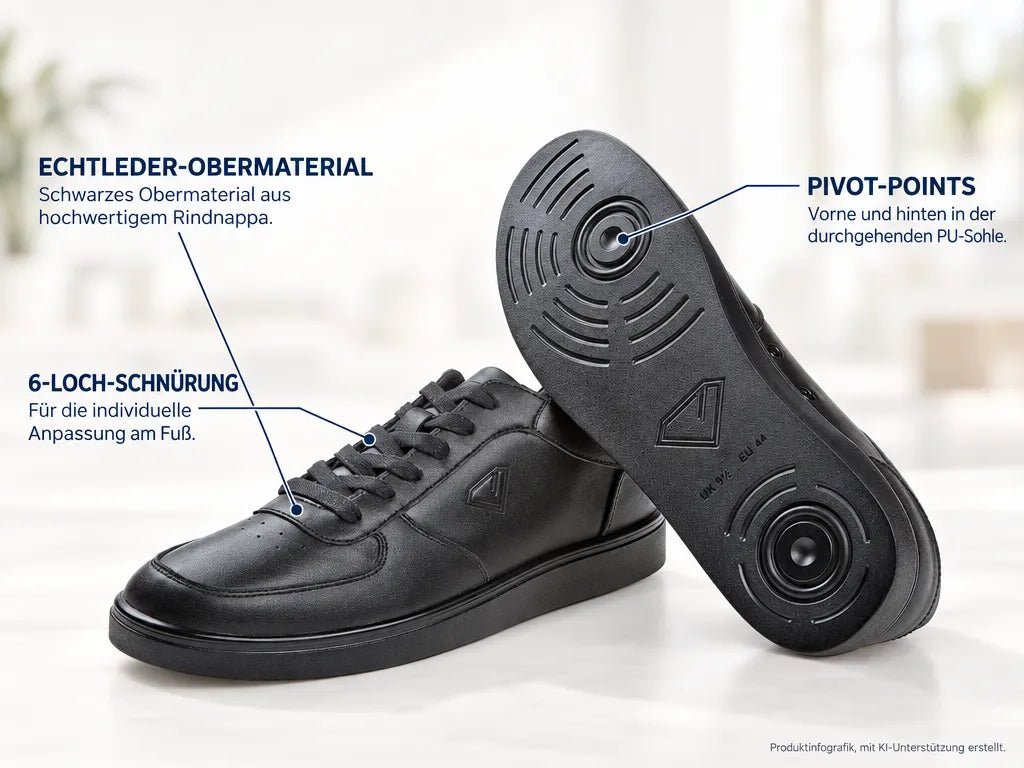 Diamant Unisex Low-Top Dance Sneakers BEAT All-Black – Produktinfografik, mit KI-Unterstützung erstellt.