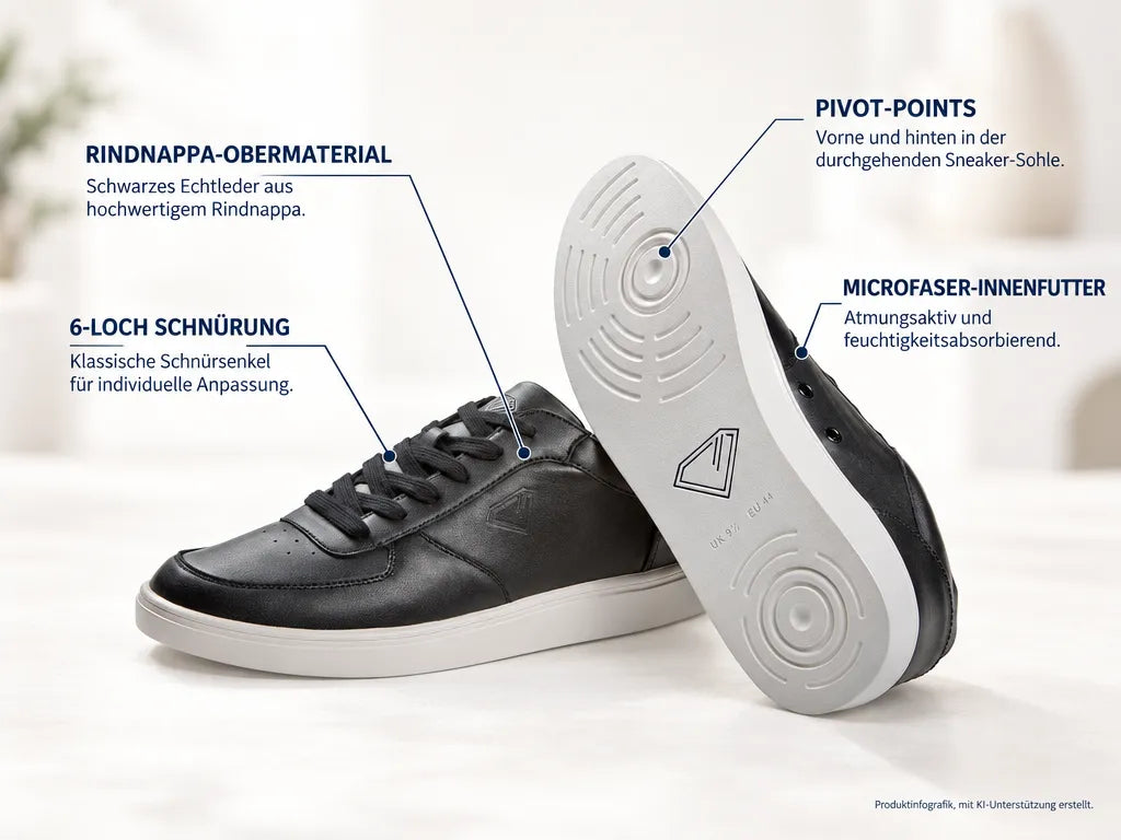 Diamant Unisex Low-Top Dance Sneakers BEAT Black – Produktinfografik, mit KI-Unterstützung erstellt.