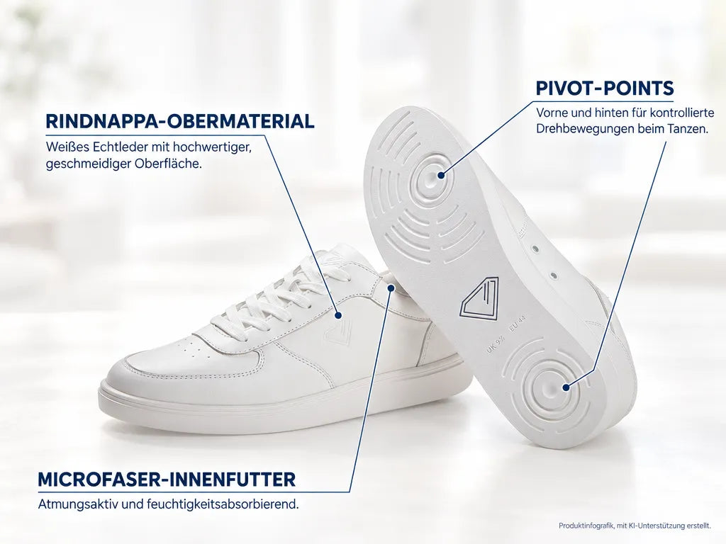 Diamant Unisex Low-Top Dance Sneakers BEAT White – Produktinfografik, mit KI-Unterstützung erstellt.