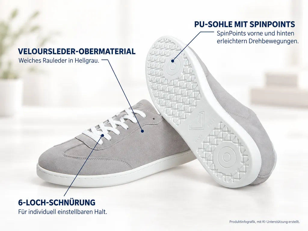 Diamant Unisex Low-Top Dance Sneakers VIBE Hellgrau – Produktinfografik, mit KI-Unterstützung erstellt.