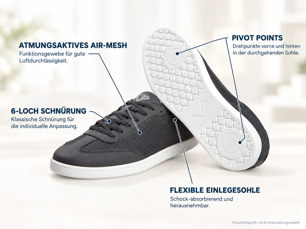 Diamant Unisex Low-Top Dance Sneakers VIBE Schwarz – Produktinfografik, mit KI-Unterstützung erstellt.